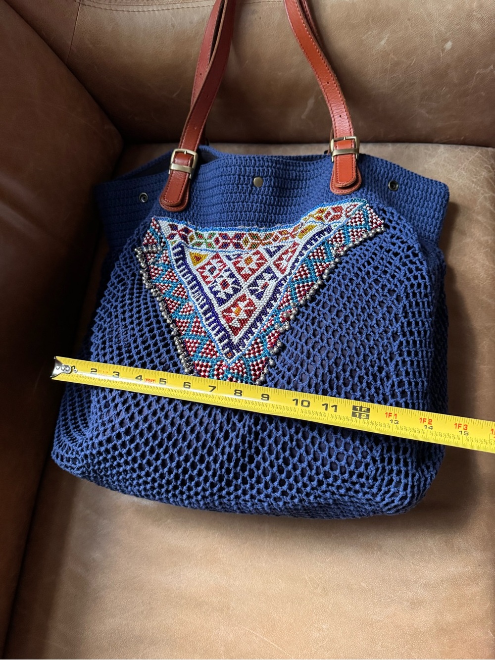 Elliot Mann Crochet Tote w Beaded bells fringe tassel net mesh summer leather - Picture 11 of 17